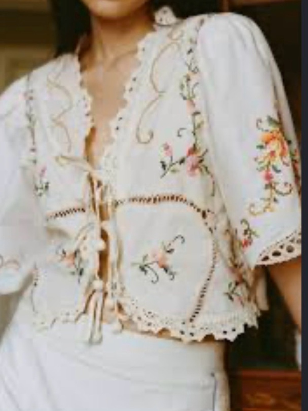 Embroidered Cream Lace-Trim Cropped Top - Women